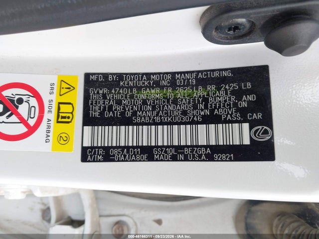 2019 Lexus Es 350 მანქანა იყიდება აუქციონზე, vin: 58ABZ1B1XKU030746, აუქციონის ნომერი: 46166311