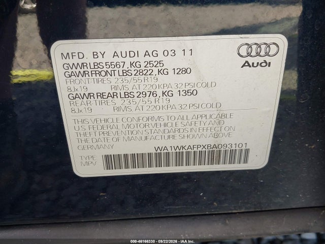 46166330 :رقم المزاد ، WA1WKAFPXBA093101 vin ، 2011 Audi Q5 3.2 Premium Plus مزاد بيع