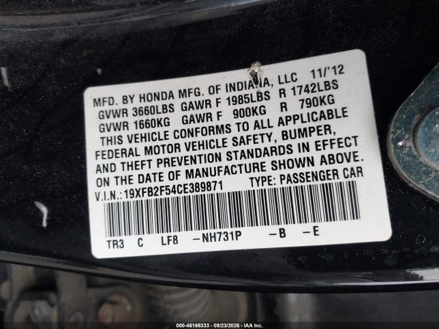 2012 Honda Civic Lx მანქანა იყიდება აუქციონზე, vin: 19XFB2F54CE389871, აუქციონის ნომერი: 46166333