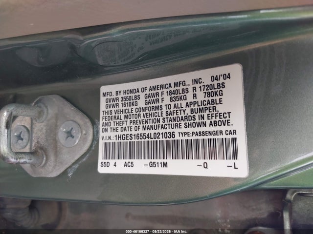 Aukcja sprzedaży 2004 Honda Civic Lx, vin: 1HGES16554L021036, numer aukcji: 46166337