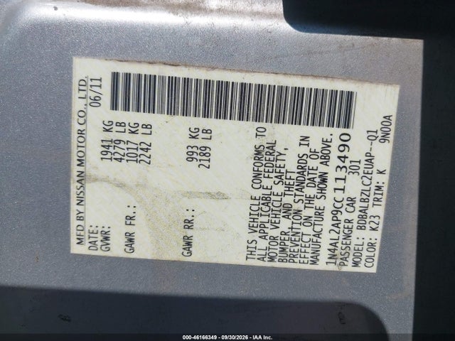 46166349 :رقم المزاد ، 1N4AL2AP9CC113490 vin ، 2012 Nissan Altima 2.5 S مزاد بيع