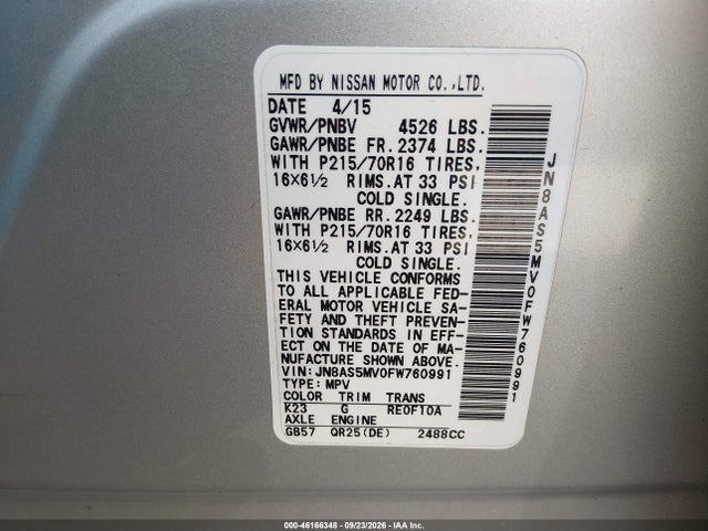 2015 Nissan Rogue Select S მანქანა იყიდება აუქციონზე, vin: JN8AS5MV0FW760991, აუქციონის ნომერი: 46166348