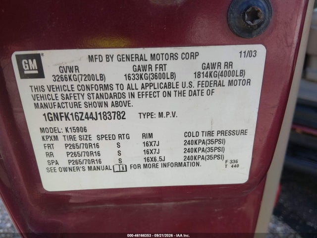 Aukcja sprzedaży 2004 Chevrolet Suburban 1500 Lt, vin: 1GNFK16Z44J183782, numer aukcji: 46166353