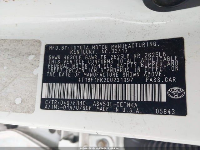 46166354 :رقم المزاد ، 4T1BF1FK2DU231997 vin ، 2013 Toyota Camry Le مزاد بيع