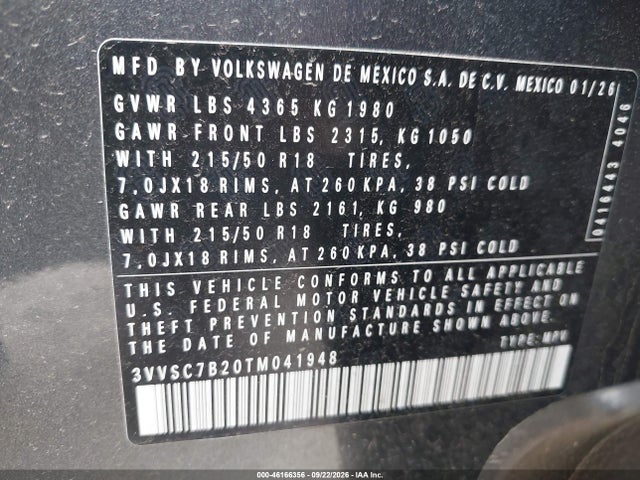 46166356 :رقم المزاد ، 3VVSC7B20TM041948 vin ، 2026 Volkswagen Taos Se مزاد بيع