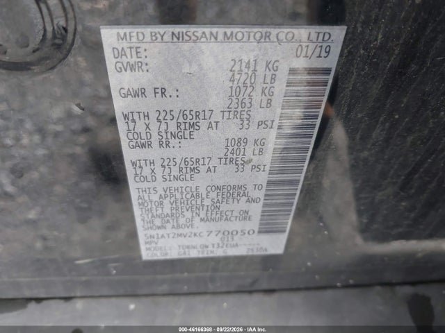 46166368 :رقم المزاد ، 5N1AT2MV2KC770050 vin ، 2019 Nissan Rogue Sv مزاد بيع