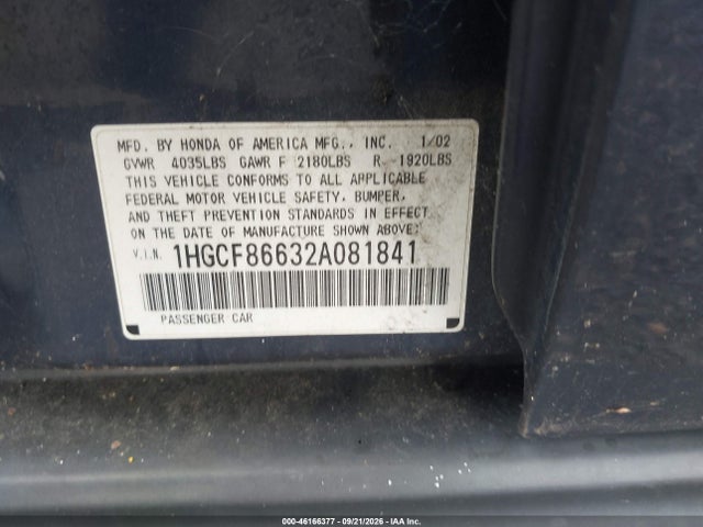 Продаж на аукціоні авто 2002 Honda Accord 2.3 Vp, vin: 1HGCF86632A081841, номер лоту: 46166377