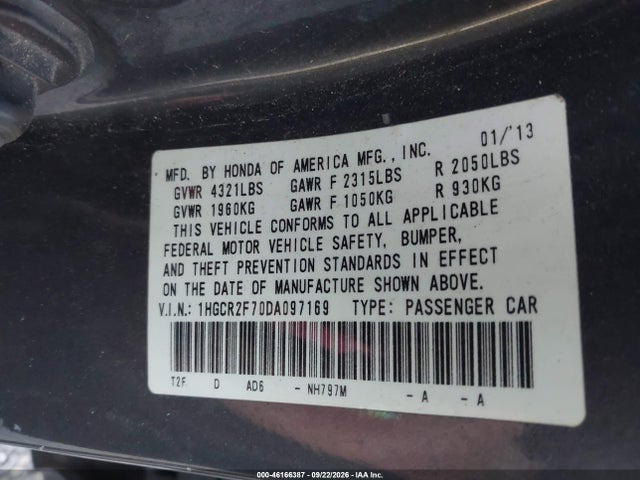 2013 Honda Accord Ex მანქანა იყიდება აუქციონზე, vin: 1HGCR2F70DA097169, აუქციონის ნომერი: 46166387