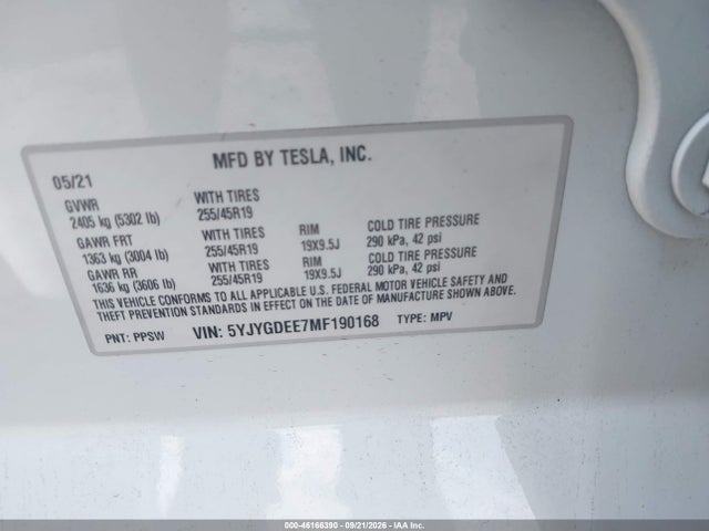 Продаж на аукціоні авто 2021 Tesla Model Y Long Range Dual Motor All-wheel Drive, vin: 5YJYGDEE7MF190168, номер лоту: 46166390