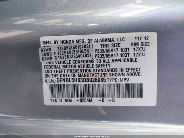 Продаж на аукціоні авто 2013 Honda Odyssey Ex-l, vin: 5FNRL5H63DB026085, номер лоту: 46166400