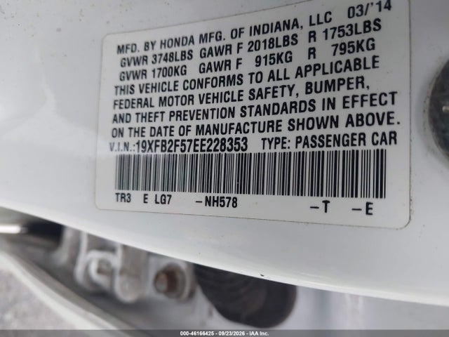 46166425 :رقم المزاد ، 19XFB2F57EE228353 vin ، 2014 Honda Civic Lx مزاد بيع