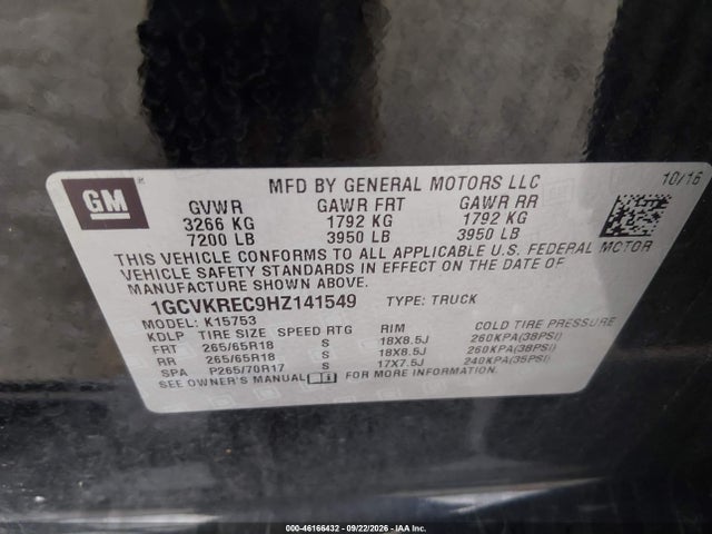 2017 Chevrolet Silverado 1500 2lt მანქანა იყიდება აუქციონზე, vin: 1GCVKREC9HZ141549, აუქციონის ნომერი: 46166432