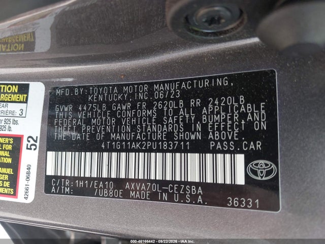 2023 Toyota Camry Se მანქანა იყიდება აუქციონზე, vin: 4T1G11AK2PU183711, აუქციონის ნომერი: 46166442