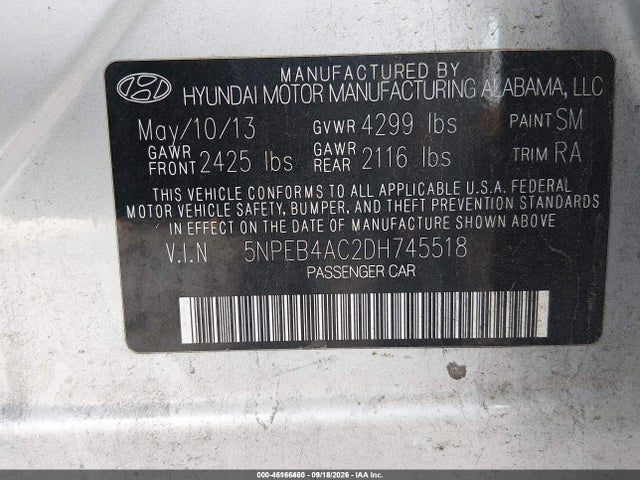 Продаж на аукціоні авто 2013 Hyundai Sonata Gls, vin: 5NPEB4AC2DH745518, номер лоту: 46166460