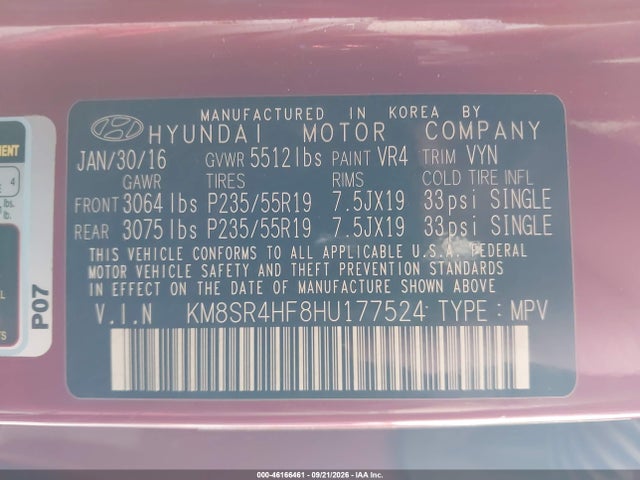 Продажа на аукционе авто 2017 Hyundai Santa Fe Limited Ultimate, vin: KM8SR4HF8HU177524, номер лота: 46166461
