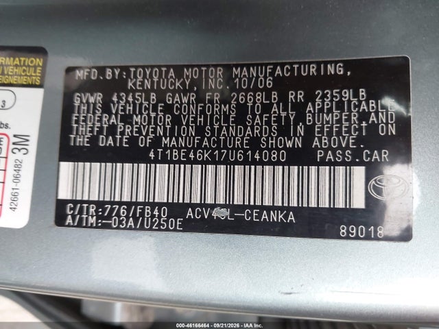 Aukcja sprzedaży 2007 Toyota Camry Le, vin: 4T1BE46K17U614080, numer aukcji: 46166464
