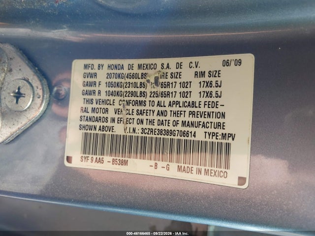 2009 Honda Cr-v Lx მანქანა იყიდება აუქციონზე, vin: 3CZRE38389G706614, აუქციონის ნომერი: 46166465