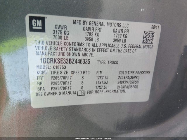 Aukcja sprzedaży 2011 Chevrolet Silverado 1500 Lt, vin: 1GCRKSE33BZ446335, numer aukcji: 46166487