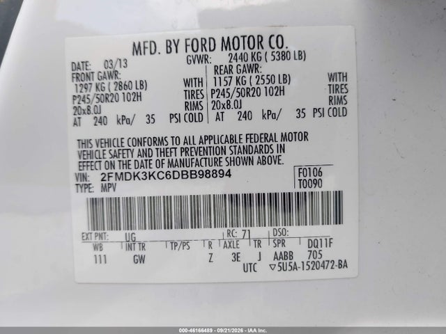 46166489 :رقم المزاد ، 2FMDK3KC6DBB98894 vin ، 2013 Ford Edge Limited مزاد بيع