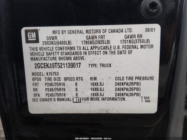 46166501 :رقم المزاد ، 2GCEK19T521139017 vin ، 2002 Chevrolet Silverado 1500 مزاد بيع