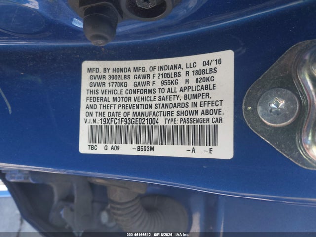 Honda Civic Touring 2016 19XFC1F93GE021004 Image 9