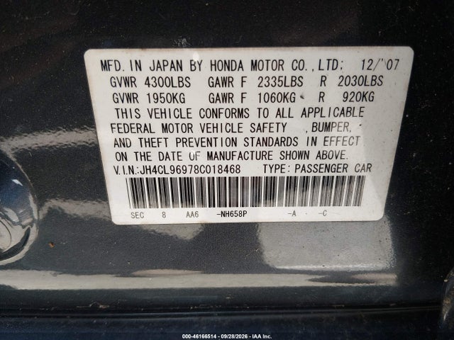 Aukcja sprzedaży 2008 Acura Tsx, vin: JH4CL96978C018468, numer aukcji: 46166514