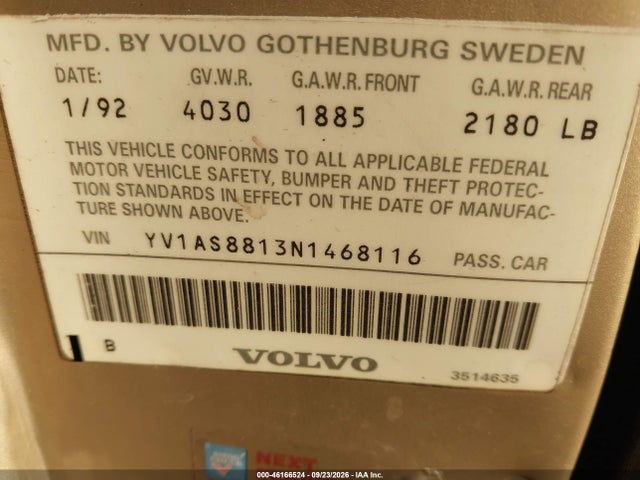 46166524 :رقم المزاد ، YV1AS8813N1468116 vin ، 1992 Volvo 240 Gl مزاد بيع