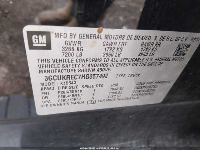 Aukcja sprzedaży 2017 Chevrolet Silverado 1500 2lt, vin: 3GCUKREC7HG357492, numer aukcji: 46166529