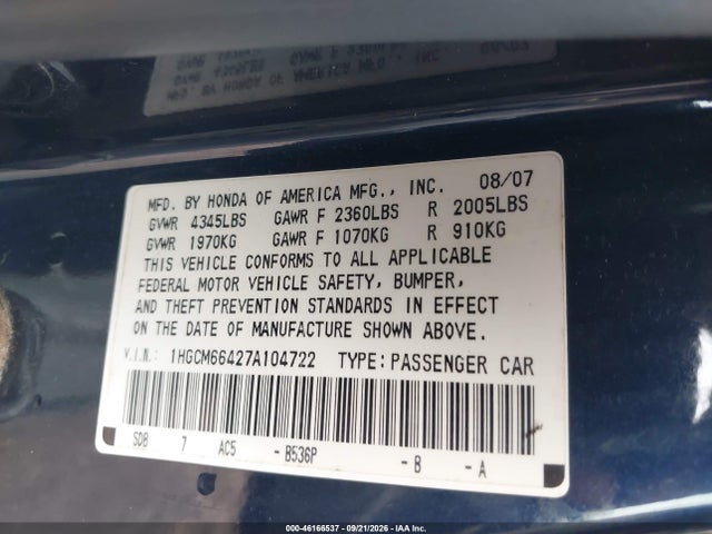 Продаж на аукціоні авто 2007 Honda Accord 3.0 Se, vin: 1HGCM66427A104722, номер лоту: 46166537