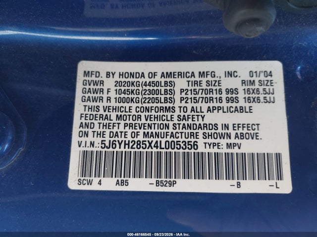 Aukcja sprzedaży 2004 Honda Element Ex, vin: 5J6YH285X4L005356, numer aukcji: 46166545