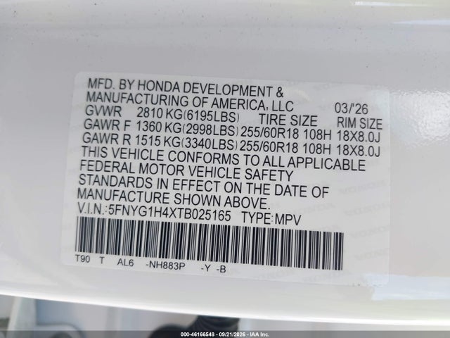 Продажа на аукционе авто 2026 Honda Pilot Ex-l, vin: 5FNYG1H4XTB025165, номер лота: 46166548