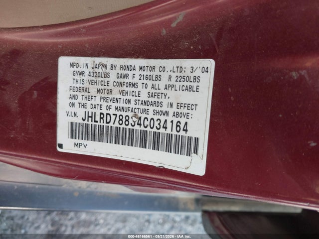 Продаж на аукціоні авто 2004 Honda Cr-v Ex, vin: JHLRD78834C034164, номер лоту: 46166561