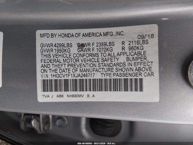 2018 Honda Accord Lx მანქანა იყიდება აუქციონზე, vin: 1HGCV1F1XJA246717, აუქციონის ნომერი: 46166565