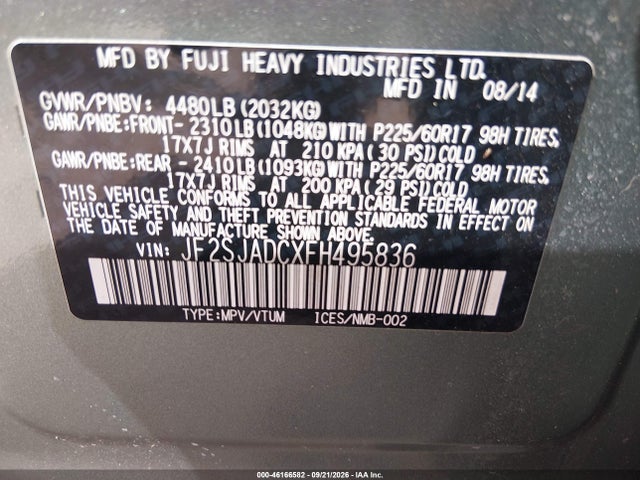 46166582 :رقم المزاد ، JF2SJADCXFH495836 vin ، 2015 Subaru Forester 2.5i Premium مزاد بيع
