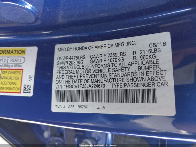 Продаж на аукціоні авто 2018 Honda Accord Sport, vin: 1HGCV1F38JA224670, номер лоту: 46166590