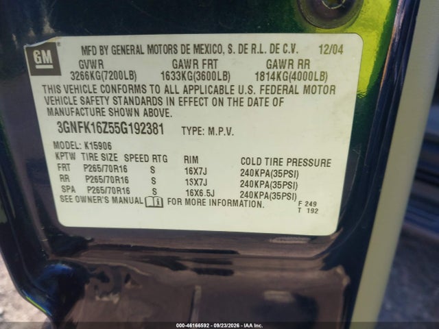 46166592 :رقم المزاد ، 3GNFK16Z55G192381 vin ، 2005 Chevrolet Suburban 1500 Ls مزاد بيع