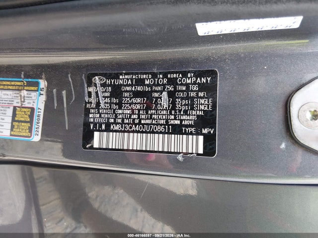 46166597 :رقم المزاد ، KM8J3CA40JU708611 vin ، 2018 Hyundai Tucson Sel مزاد بيع
