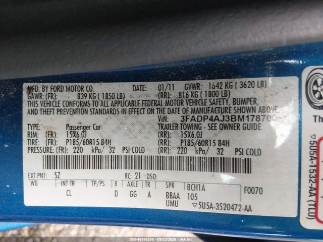 46166598 :رقم المزاد ، 3FADP4AJ3BM178700 vin ، 2011 Ford Fiesta S مزاد بيع