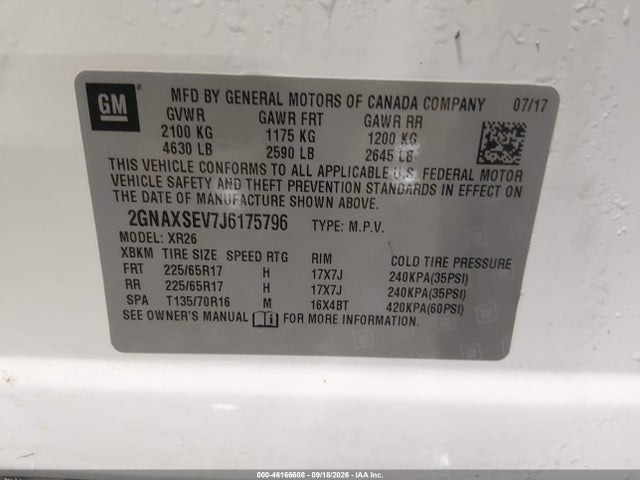 46166608 :رقم المزاد ، 2GNAXSEV7J6175796 vin ، 2018 Chevrolet Equinox Lt مزاد بيع