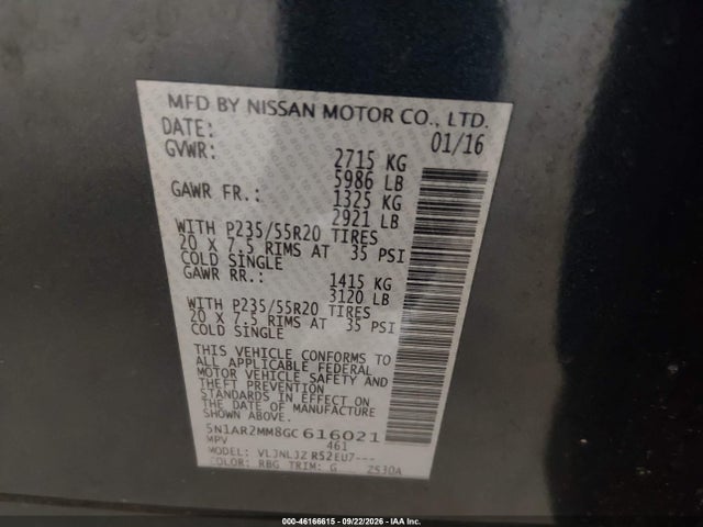 2016 Nissan Pathfinder Platinum მანქანა იყიდება აუქციონზე, vin: 5N1AR2MM8GC616021, აუქციონის ნომერი: 46166615