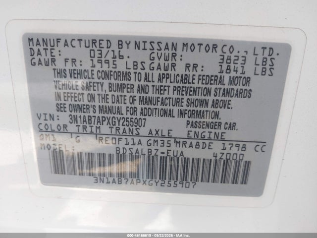 Продажа на аукционе авто 2016 Nissan Sentra Fe+ S/s/sl/sr/sv, vin: 3N1AB7APXGY255907, номер лота: 46166619