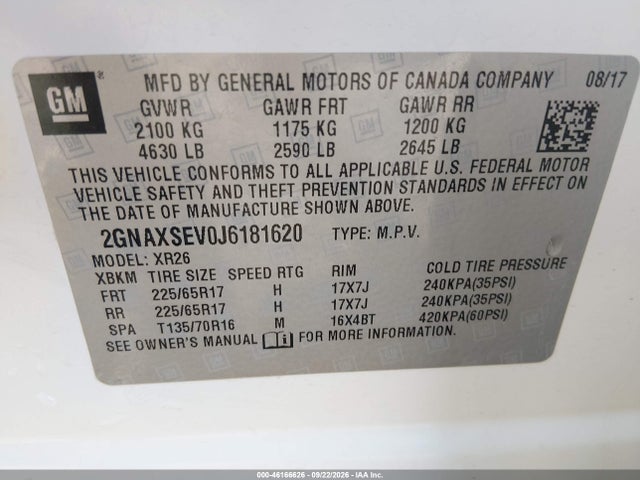46166626 :رقم المزاد ، 2GNAXSEV0J6181620 vin ، 2018 Chevrolet Equinox Lt مزاد بيع