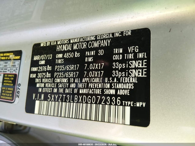 Aukcja sprzedaży 2013 Hyundai Santa Fe Sport, vin: 5XYZT3LBXDG072336, numer aukcji: 46166630