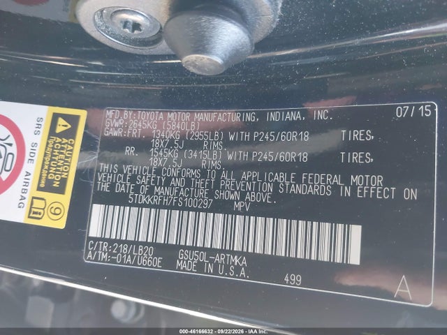 2015 Toyota Highlander Xle V6 მანქანა იყიდება აუქციონზე, vin: 5TDKKRFH7FS100297, აუქციონის ნომერი: 46166632