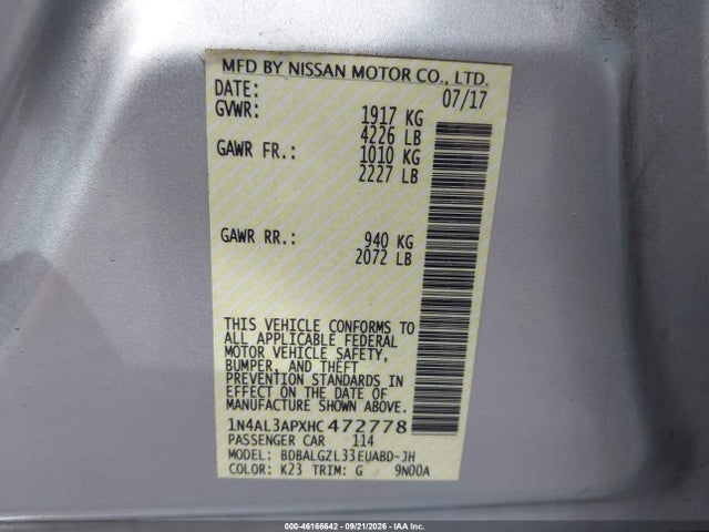 Aukcja sprzedaży 2017 Nissan Altima 2.5 S, vin: 1N4AL3APXHC472778, numer aukcji: 46166642