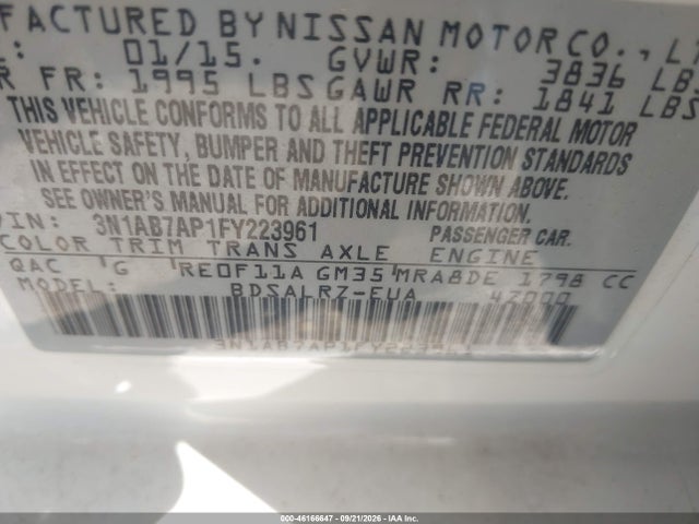 2015 Nissan Sentra Sr მანქანა იყიდება აუქციონზე, vin: 3N1AB7AP1FY223961, აუქციონის ნომერი: 46166647