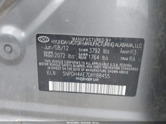 2013 Hyundai Elantra Gls მანქანა იყიდება აუქციონზე, vin: 5NPDH4AE7DH188455, აუქციონის ნომერი: 46166654