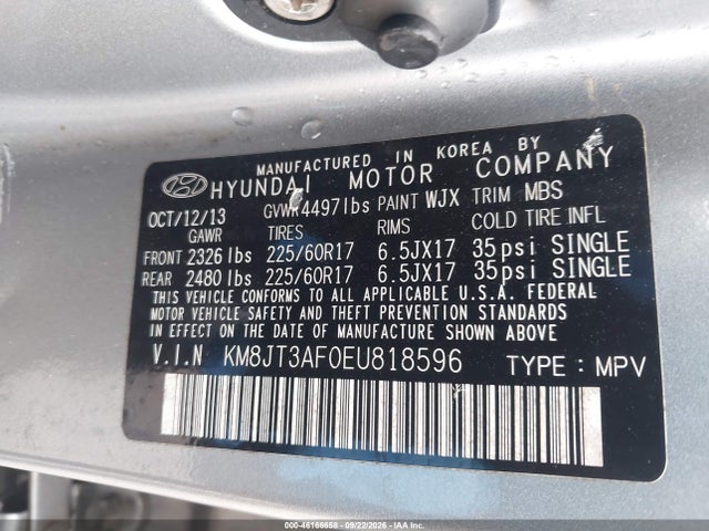 2014 Hyundai Tucson Gls მანქანა იყიდება აუქციონზე, vin: KM8JT3AF0EU818596, აუქციონის ნომერი: 46166658