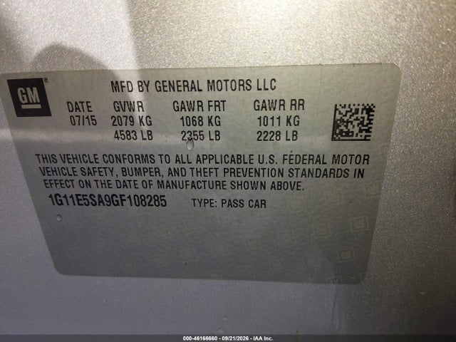 46166660 :رقم المزاد ، 1G11E5SA9GF108285 vin ، 2016 Chevrolet Malibu Limited Ltz مزاد بيع