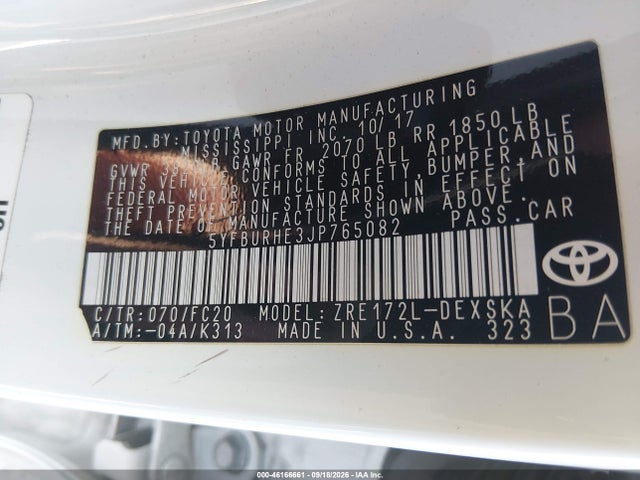 5YFBURHE3JP765082 Toyota COROLLA SE